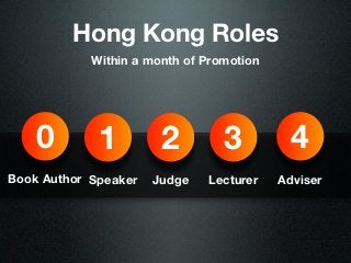 Hong Kong Roles
            Within a month of Promotion




    0        1         2         3          4
Book Author Speaker   Judge   Lecturer    Adviser
 