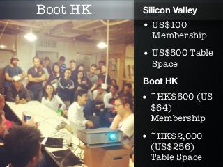 Boot HK   Silicon Valley
          • US$100
            Membership
          • US$500 Table
            Space
          Boot HK
          • ~HK$500 (US
            $64)
            Membership

          • ~HK$2,000
            (US$256)
            Table Space
 