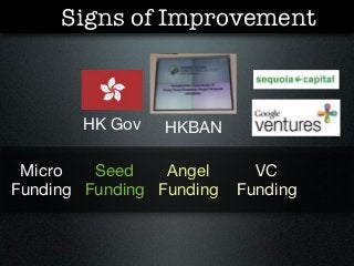 Signs of Improvement



       HK Gov    HKBAN

 Micro   Seed    Angel      VC
Funding Funding Funding   Funding
 