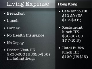 Living Expense          Hong Kong

• Breakfast              • Cafe lunch HK
                           $10-20 (US
• Lunch                    $1.3-$2.6)

• Dinner                 • Restaurant
                           lunch HK
• No Health Insurance      $60-80 (US
                           $7.7-10.3)
• No Copay
• Doctor Visit HK        • Hotel Buffet
                           lunch HK
  $200-300 (US$25-$38)
                           $120 (US$15)
  including drugs
 