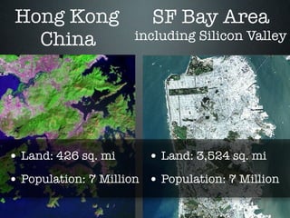Hong Kong              SF Bay Area
   China             including Silicon Valley




• Land: 426 sq. mi      • Land: 3,524 sq. mi
• Population: 7 Million • Population: 7 Million
 