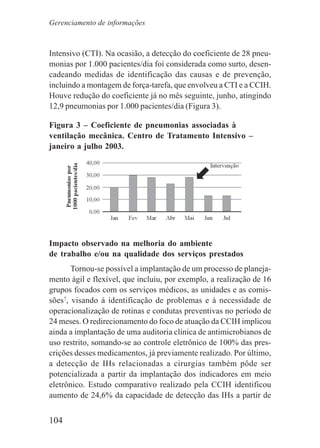 104
Intensivo (CTI). Na ocasião, a detecção do coeficiente de 28 pneu-
monias por 1.000 pacientes/dia foi considerada como surto, desen-
cadeando medidas de identificação das causas e de prevenção,
incluindo a montagem de força-tarefa, que envolveu a CTI e a CCIH.
Houve redução do coeficiente já no mês seguinte, junho, atingindo
12,9 pneumonias por 1.000 pacientes/dia (Figura 3).
Figura 3 – Coeficiente de pneumonias associadas à
ventilação mecânica. Centro de Tratamento Intensivo –
janeiro a julho 2003.
Impacto observado na melhoria do ambiente
de trabalho e/ou na qualidade dos serviços prestados
Tornou-se possível a implantação de um processo de planeja-
mento ágil e flexível, que incluiu, por exemplo, a realização de 16
grupos focados com os serviços médicos, as unidades e as comis-
sões7
, visando à identificação de problemas e à necessidade de
operacionalização de rotinas e condutas preventivas no período de
24 meses. O redirecionamento do foco de atuação da CCIH implicou
ainda a implantação de uma auditoria clínica de antimicrobianos de
uso restrito, somando-se ao controle eletrônico de 100% das pres-
crições desses medicamentos, já previamente realizado. Por último,
a detecção de IHs relacionadas a cirurgias também pôde ser
potencializada a partir da implantação dos indicadores em meio
eletrônico. Estudo comparativo realizado pela CCIH identificou
aumento de 24,6% da capacidade de detecção das IHs a partir de
Gerenciamento de informações
 