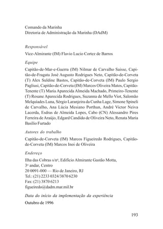 193
Comando da Marinha
Diretoria de Administração da Marinha (DAdM)
Responsável
Vice-Almirante (IM) Flavio Lucio Cortez de Barros
Equipe
Capitão-de-Mar-e-Guerra (IM) Nilmar de Carvalho Saisse, Capi-
tão-de-Fragata José Augusto Rodrigues Neto, Capitão-de-Corveta
(T) Alex Suldine Bastos, Capitão-de-Corveta (IM) Paulo Sergio
Pagliusi, Capitão-de-Corveta (IM) Marcos Oliveira Matos, Capitão-
Tenente (T) Maria Aparecida Almeida Machado, Primeiro-Tenente
(T) Rosane Aparecida Rodrigues, Suzanna de Mello Viot, Salomão
Melquíades Luna, Sérgio Laranjeira da Cunha Lage, Simone Spineli
de Carvalho, Ana Lúcia Mesiano Porthun, André Victor Neiva
Lacerda, Esdras de Almeida Lopes, Cabo (CN) Alessandro Pires
Ferreira deAraújo, Edgard Candido de Oliveira Neto, Renata Maria
Basílio Furtado
Autores do trabalho
Capitão-de-Corveta (IM) Marcos Figueiredo Rodrigues, Capitão-
de-Corveta (IM) Marcos Inoi de Oliveira
Endereço
Ilha das Cobras s/no
, Edifício Almirante Gastão Motta,
3o
andar, Centro
20 0091-000 — Rio de Janeiro, RJ
Tel.: (21) 2233 0324/3870 6230
Fax: (21) 3870 6213
figueiredo@dadm.mar.mil.br
Data do início da implementação da experiência
Outubro de 1996
 