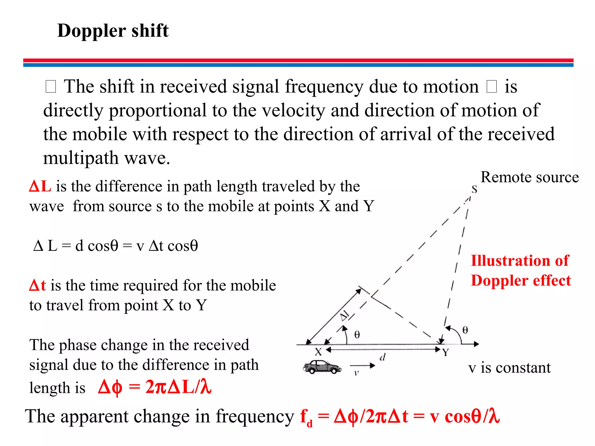 Doppler shift
 The shift in received signal frequency due to motion  is
directly proportional to the velocity and direction of motion of
the mobile with respect to the direction of arrival of the received
multipath wave.
Illustration of
Doppler effect
v is constant
Remote source
∆L is the difference in path length traveled by the
wave from source s to the mobile at points X and Y
∆ L = d cosθ = v ∆t cosθ
∆t is the time required for the mobile
to travel from point X to Y
The phase change in the received
signal due to the difference in path
length is ∆φ = 2π∆L/λ
The apparent change in frequency fd = ∆φ/2π∆t = v cosθ/λ
 
