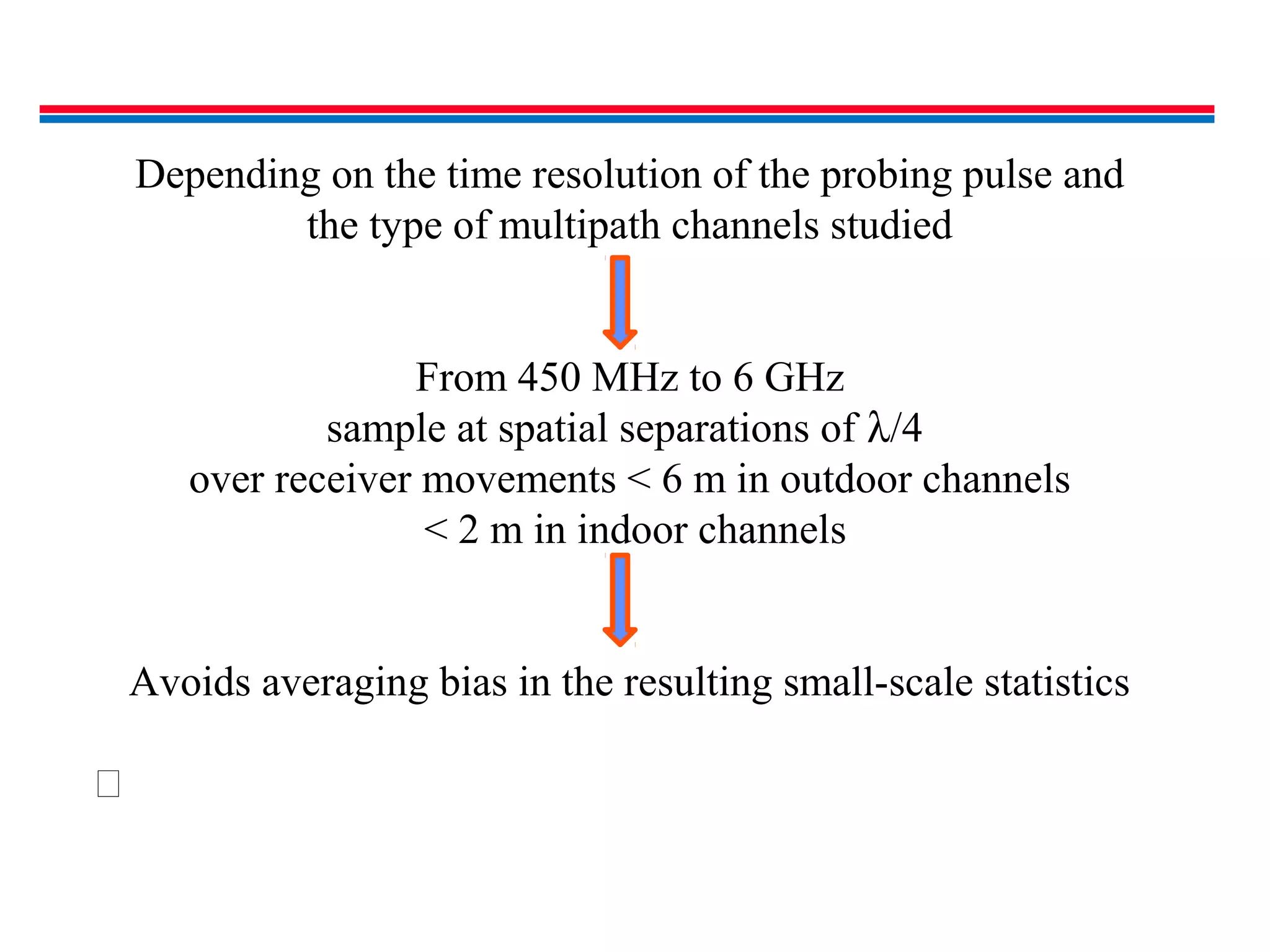 Depending on the time resolution of the probing pulse and
the type of multipath channels studied
From 450 MHz to 6 GHz
sample at spatial separations of λ/4
over receiver movements < 6 m in outdoor channels
< 2 m in indoor channels
Avoids averaging bias in the resulting small-scale statistics

 