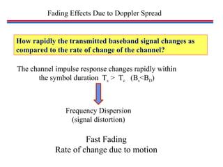 Fading Effects Due to Doppler Spread
Fast Fading
Rate of change due to motion
How rapidly the transmitted baseband signal changes as
compared to the rate of change of the channel?
The channel impulse response changes rapidly within
the symbol duration Ts > Tc (Bs<BD)
Frequency Dispersion
(signal distortion)
 