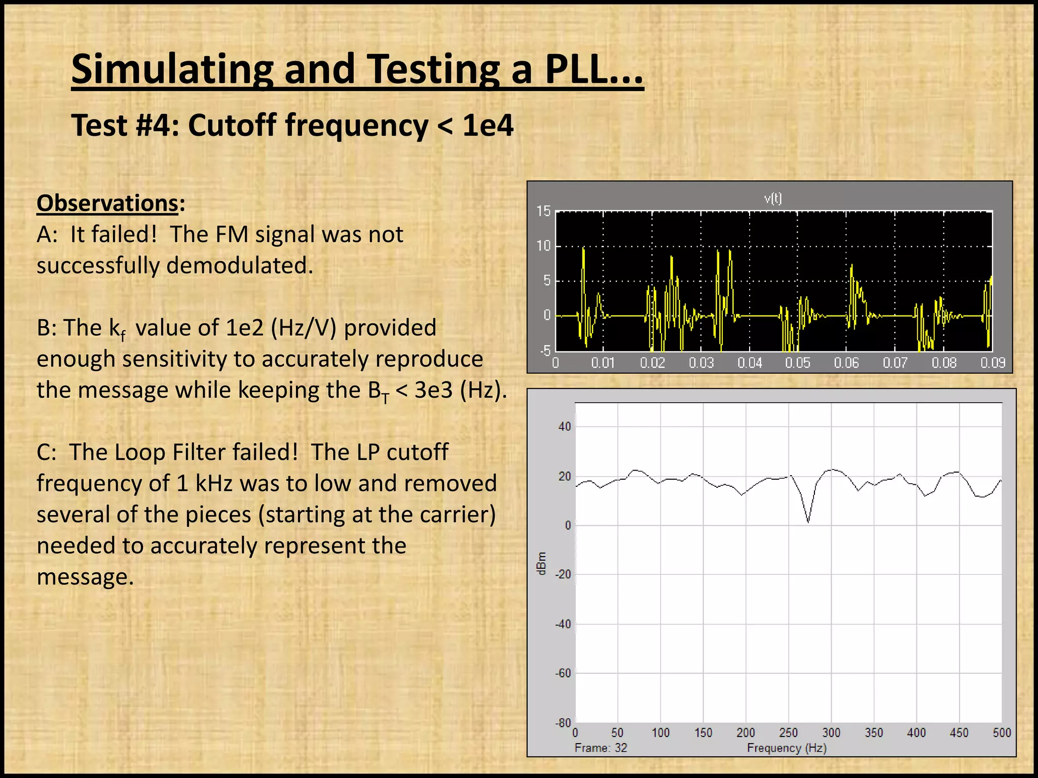 Simulating and Testing a PLL...
   Test #4: Cutoff frequency < 1e4

Observations:
A: It failed! The FM signal was not
successfully demodulated.

B: The kf value of 1e2 (Hz/V) provided
enough sensitivity to accurately reproduce
the message while keeping the BT < 3e3 (Hz).

C: The Loop Filter failed! The LP cutoff
frequency of 1 kHz was to low and removed
several of the pieces (starting at the carrier)
needed to accurately represent the
message.
 