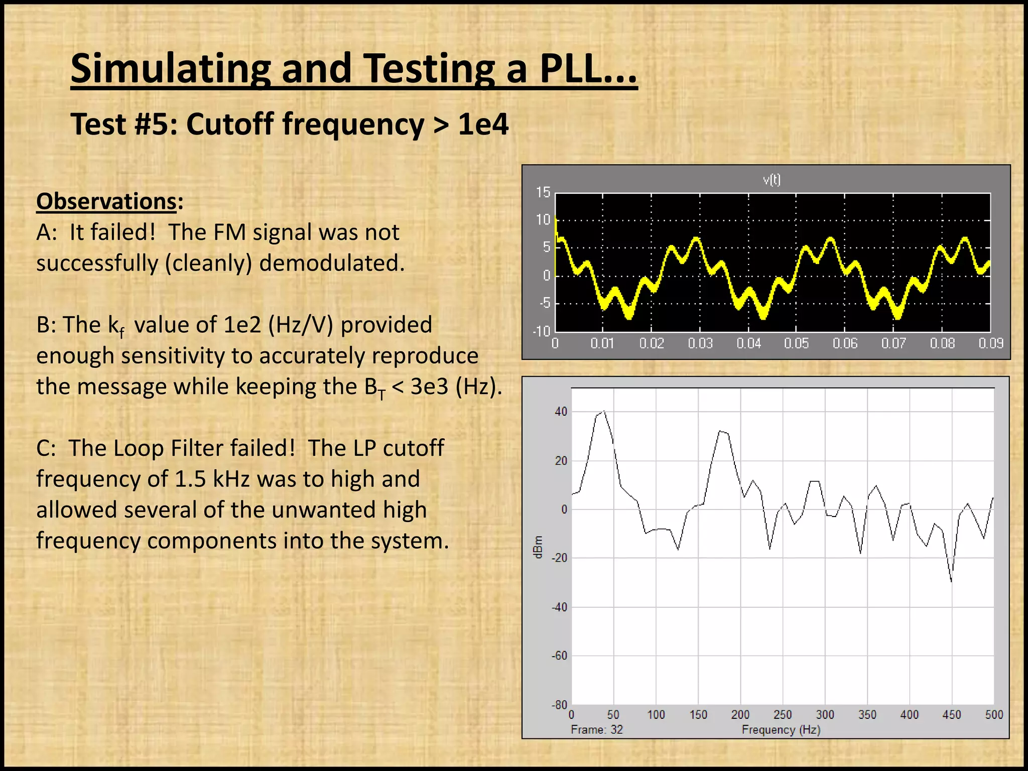 Simulating and Testing a PLL...
   Test #5: Cutoff frequency > 1e4

Observations:
A: It failed! The FM signal was not
successfully (cleanly) demodulated.

B: The kf value of 1e2 (Hz/V) provided
enough sensitivity to accurately reproduce
the message while keeping the BT < 3e3 (Hz).

C: The Loop Filter failed! The LP cutoff
frequency of 1.5 kHz was to high and
allowed several of the unwanted high
frequency components into the system.
 