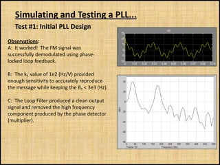 Simulating and Testing a PLL...
   Test #1: Initial PLL Design
Observations:
A: It worked! The FM signal was
successfully demodulated using phase-
locked loop feedback.

B: The kf value of 1e2 (Hz/V) provided
enough sensitivity to accurately reproduce
the message while keeping the BT < 3e3 (Hz).

C: The Loop Filter produced a clean output
signal and removed the high frequency
component produced by the phase detector
(multiplier).
 