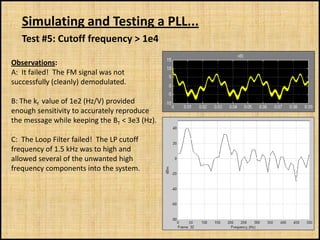 Simulating and Testing a PLL...
   Test #5: Cutoff frequency > 1e4

Observations:
A: It failed! The FM signal was not
successfully (cleanly) demodulated.

B: The kf value of 1e2 (Hz/V) provided
enough sensitivity to accurately reproduce
the message while keeping the BT < 3e3 (Hz).

C: The Loop Filter failed! The LP cutoff
frequency of 1.5 kHz was to high and
allowed several of the unwanted high
frequency components into the system.
 
