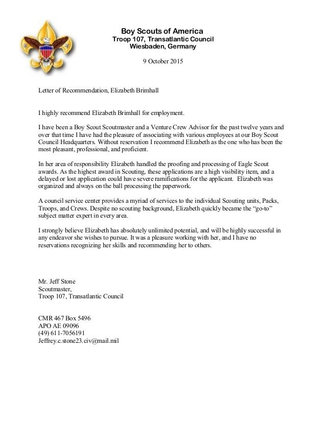 lor elizabeth brimhall boy scouts of america eagle scout letter of recommendation