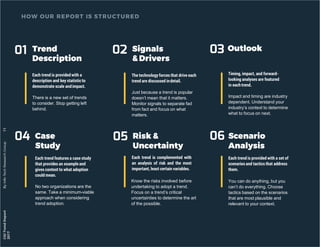 04
01 02
06
03
05
Each trend is provided with a
description and key statisticto
demonstrate scale andimpact.
There is a new set of trends
to consider. Stop getting left
behind.
The technology forces that drive each
trend are discussed indetail.
Just because a trend is popular
doesn’t mean that it matters.
Monitor signals to separate fad
from fact and focus on what
matters.
Timing, impact, and forward-
looking analyses are featured
in eachtrend.
Impact and timing are industry
dependent. Understand your
industry’s context to determine
what to focus on next.
Each trend is provided with a set of
scenarios and tactics that address
them.
You can do anything, but you
can’t do everything. Choose
tactics based on the scenarios
that are most plausible and
relevant to your context.
Each trend is complemented with
an analysis of risk and the most
important, least certain variables.
Know the risks involved before
undertaking to adopt a trend.
Focus on a trend’s critical
uncertainties to determine the art
of the possible.
Each trend features a case study
that provides an example and
gives context to what adoption
could mean.
No two organizations are the
same. Take a minimum-viable
approach when considering
trend adoption.
 