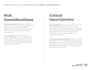 Privacy and Sharing: How open is too open? This is the
current debate as governments seek to leverage
external expertise to deliver social good by opening their
data, and organizations seek to extend their capabilities
to drive revenue. Neither can afford to violate the
public’s trust or give up too much and lose their
competitive advantage.
The (Consumer’s) Need for Speed: The extent to which
the modern consumer is expectant of speed-to-market
is very likely increasing in a commensurate fashion with
the pace of business. The level to which an organization
must cater to these expectations in order to remain
competitive is not yet certain.
Data-Level Security: Data protection is being
taken down to the level of the data itself. Security
at data level is influencing open platform
adoption: it allows for the encryption of data to
let the data itself decide whether it can be
accessed or not.
Policy Set by Data: As a result of current
heuristic capabilities on devices, data can self-
assess whether it wants to delete onsite, stay
encrypted, or be accessed based on the person
trying to access it, as well as the device being
used to assess that data.
09
 