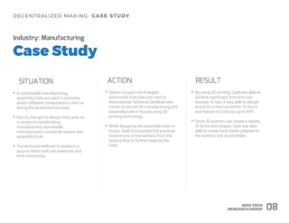 Industry: Manufacturing
SITUATION ACTION RESULT
• By using 3D printing, Opel was able to
achieve significant time and cost
savings. In fact, it was able to design
and print a new tool within 24 hours
and reduce its costs by up to 90%.
• Since 3D printers can create a variety
of forms and shapes, Opel was also
able to create tools better adapted to
the workers and automobiles.
08
• Opel is Europe’s third-largest
automobile manufacturer and its
International Technical Development
Center produced 40 manufacturing and
assembly tools in-house using 3D
printing technology.
• While designing the assembly tools in-
house, Opel incorporated the practical
experiences of line workers from the
factory floor to further improve the
tools.
• In automobile manufacturing,
assembly tools are used to precisely
attach different components to the car
during the production process.
• Due to changes in design every year on
a variety of models being
manufactured, automobile
manufacturers constantly require new
assembly tools.
• Conventional methods to produce or
acquire these tools are expensive and
time consuming.
 