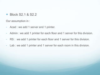  Block S2.1 & S2.2
Our assumption in :

- Acad : we add 1 server and 1 printer.

- Admin : we add 1 printer for each floor and 1 server for this division.

- RS : we add 1 printer for each floor and 1 server for this division.
- Lab : we add 1 printer and 1 server for each room in this division.
 