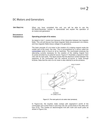 © Festo Didactic 30329-00 61
When you have completed this unit, you will be able to use the
DC Motor/Generator module to demonstrate and explain the operation of
dc motors and generators
Operating principle of dc motors
As stated in Unit 1, motors turn because of the interaction between two magnetic
fields. This unit will discuss how these magnetic fields are produced in dc motors,
and how magnetic fields induce voltage in dc generators.
The basic principle of a dc motor is the creation of a rotating magnet inside the
mobile part of the motor, the rotor. This is accomplished by a device called the
commutator which is found on all dc machines. The commutator produces the
alternating currents necessary for the creation of the rotating magnet from
dc power provided by an external source. Figure 2-1 illustrates a typical dc motor
rotor with its main parts. This figure shows that the electrical contact between the
segments of the commutator and the external dc source is made through
brushes. Note that the rotor of a dc motor is also referred to as the armature.
Figure 2-1. The main parts of a dc motor rotor (armature).
In Figure 2-2a, the brushes make contact with segments A and B of the
commutator and current flows in wire loop A-B. No current flows in the other wire
loop (C-D). This creates an electromagnet A-B with north and south poles as
shown in Figure 2-2a.
DC Motors and Generators
Unit 2
UNIT OBJECTIVE
DISCUSSION OF
FUNDAMENTALS
 