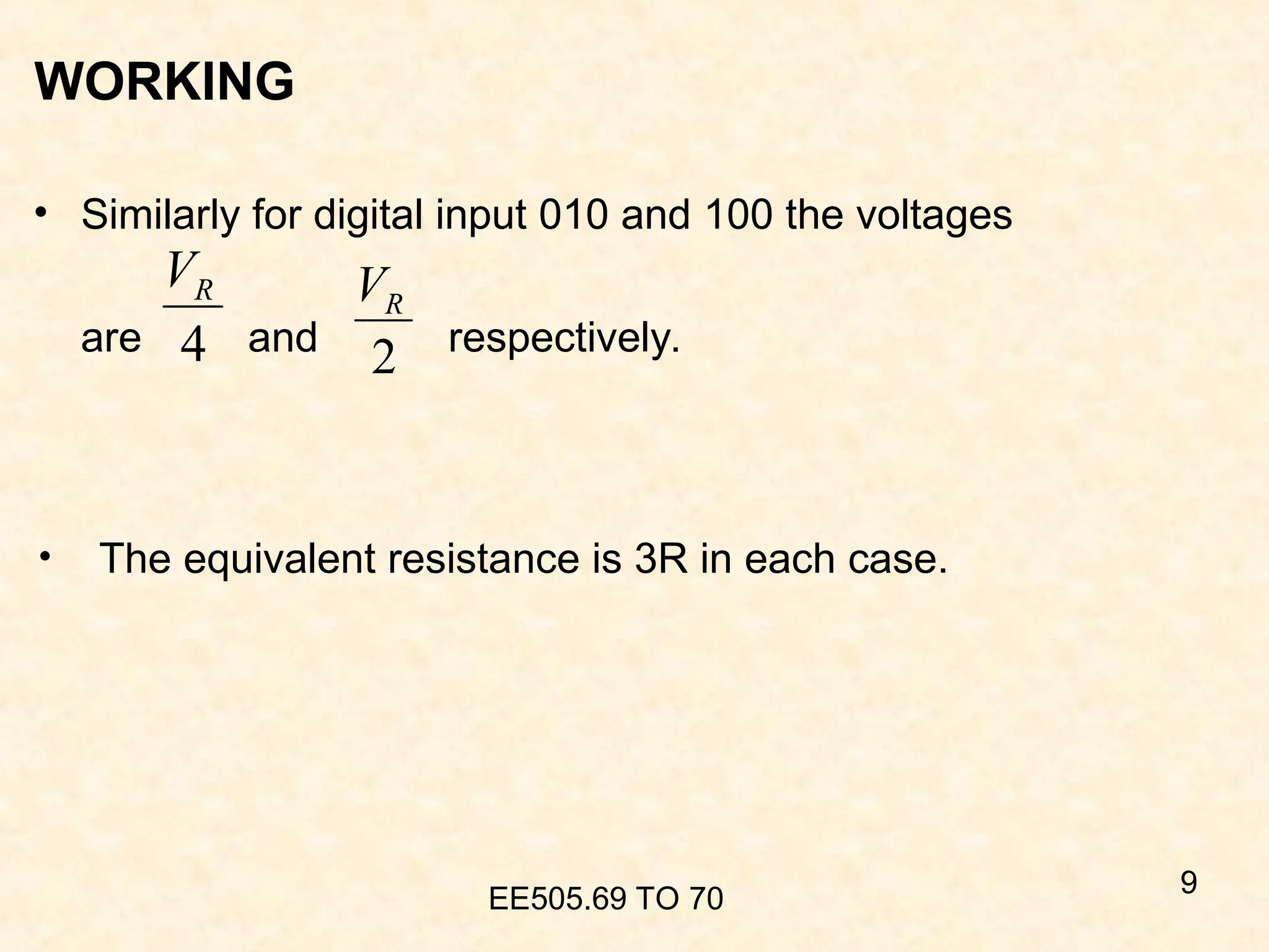 WORKING
• Similarly for digital input 010 and 100 the voltages
are and respectively.
EE505.69 TO 70
9
4
R
V
2
R
V
• The equivalent resistance is 3R in each case.
 