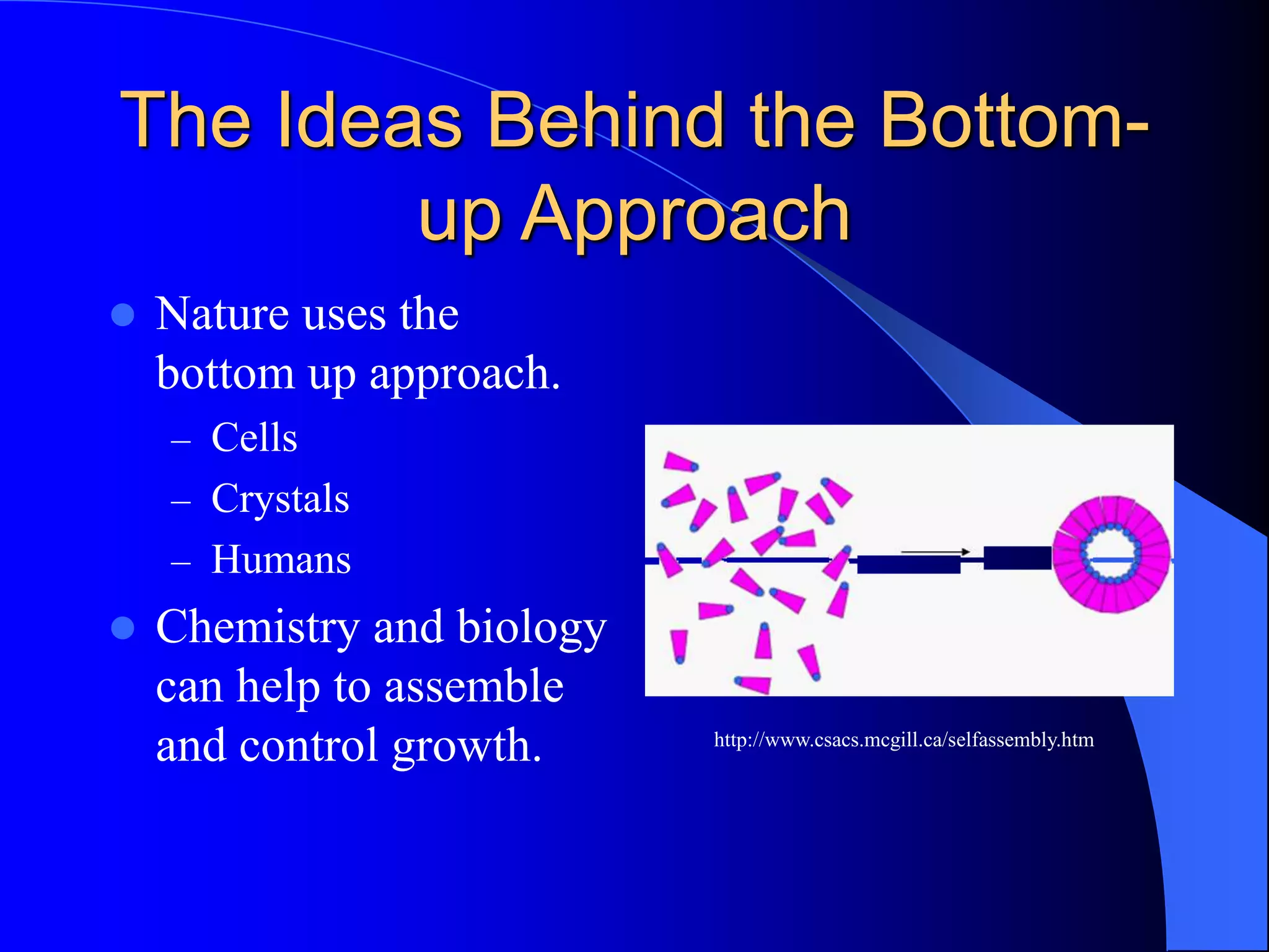 The Ideas Behind the Bottom-
up Approach
 Nature uses the
bottom up approach.
– Cells
– Crystals
– Humans
 Chemistry and biology
can help to assemble
and control growth. http://www.csacs.mcgill.ca/selfassembly.htm
 