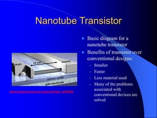Nanotube Transistor
 Basic diagram for a
nanotube transistor
 Benefits of transistor over
conventional designs:
– Smaller
– Faster
– Less material used
– Many of the problems
associated with
conventional devices are
solved
www.nanotech-now.com/ news.cgi?story_id=06788
 