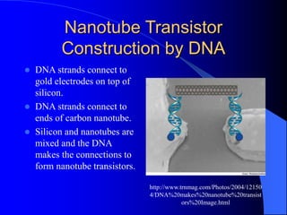 Nanotube Transistor
Construction by DNA
 DNA strands connect to
gold electrodes on top of
silicon.
 DNA strands connect to
ends of carbon nanotube.
 Silicon and nanotubes are
mixed and the DNA
makes the connections to
form nanotube transistors.
http://www.trnmag.com/Photos/2004/12150
4/DNA%20makes%20nanotube%20transist
ors%20Image.html
 
