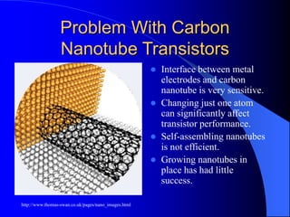 Problem With Carbon
Nanotube Transistors
 Interface between metal
electrodes and carbon
nanotube is very sensitive.
 Changing just one atom
can significantly affect
transistor performance.
 Self-assembling nanotubes
is not efficient.
 Growing nanotubes in
place has had little
success.
http://www.thomas-swan.co.uk/pages/nano_images.html
 