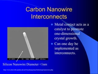 Carbon Nanowire
Interconnects
 Metal contact acts as a
catalyst to promote
one-dimensional
crystal growth.
 Can one day be
implemented as
interconnects.
Silicon Nanowire Diameter <1nm
http://www.iht.rwth-aachen.de/en/Forschung/nano/bottomup/nanowires.php
 