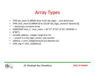 Array Types
• TYPE bit_mem IS ARRAY (0 to 7) OF std_logic; -- one dimension
• TYPE char_mem IS ARRAY (0 to 15) OF std_logic_vector(7 downto 0);
• -- declaring a constant array
• CONSTANT char_1 : char_mem := (X”11”, X”22”, X”33”, OTHERS =>
• X”00”);
• variable address : integer range 0 to 15;
-- vcount is a std_logic_vector, row counter
• -- vcount is a std_logic_vector, row counter
• address := conv_integer(vcount (v2 downto v1);
• shift_reg <= char_1(address);
SCEE, IIT MANDI
Dr. Shubhajit Roy Chowdhury
 