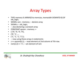 Array Types
• TYPE memory IS ARRAY(0 to memsize, memwidth DOWNTO 0) OF
std_logic;
• SIGNAL ram : memory; -- declare array
• SIGNAL z : std_logic;
• -- also declaring a constant array
• CONSTANT eprom : memory :=
• ( (‘0’, ‘0’, ‘0’, ‘0’),
• ( (‘0’, ‘0’, ‘0’, ‘0’),
• (‘0’, ‘1’, ….
• (‘1’, ‘1’, ‘1’, ‘1’) );
• -- now using these arrays in statements
• z <= eprom(6,1); -- read element at 2nd column of 7th row.
• ram(2,3) <= ‘1’; -- set element of ram
SCEE, IIT MANDI
Dr. Shubhajit Roy Chowdhury
 