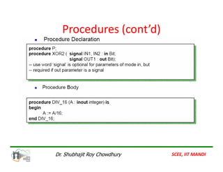 Procedures (cont’d)
Procedures (cont’d)
SCEE, IIT MANDI
Dr. Shubhajit Roy Chowdhury
 