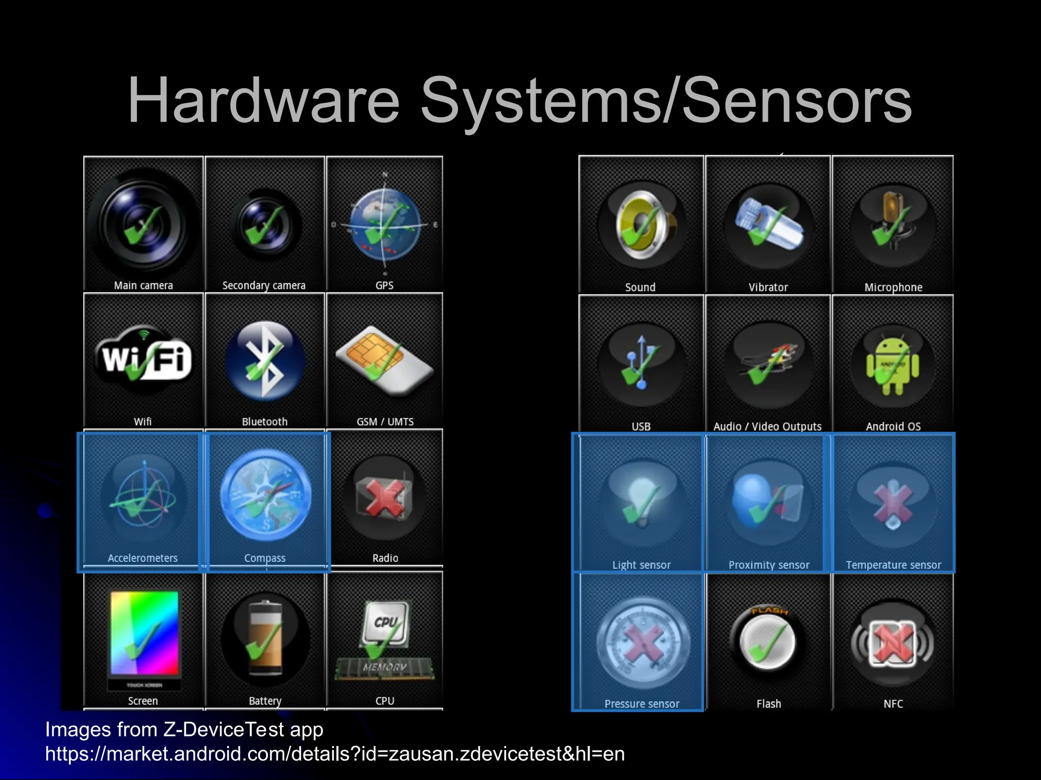 Hardware Systems/Sensors
Hardware Systems/Sensors
Images from Z-DeviceTest app
https://market.android.com/details?id=zausan.zdevicetest&hl=en
 