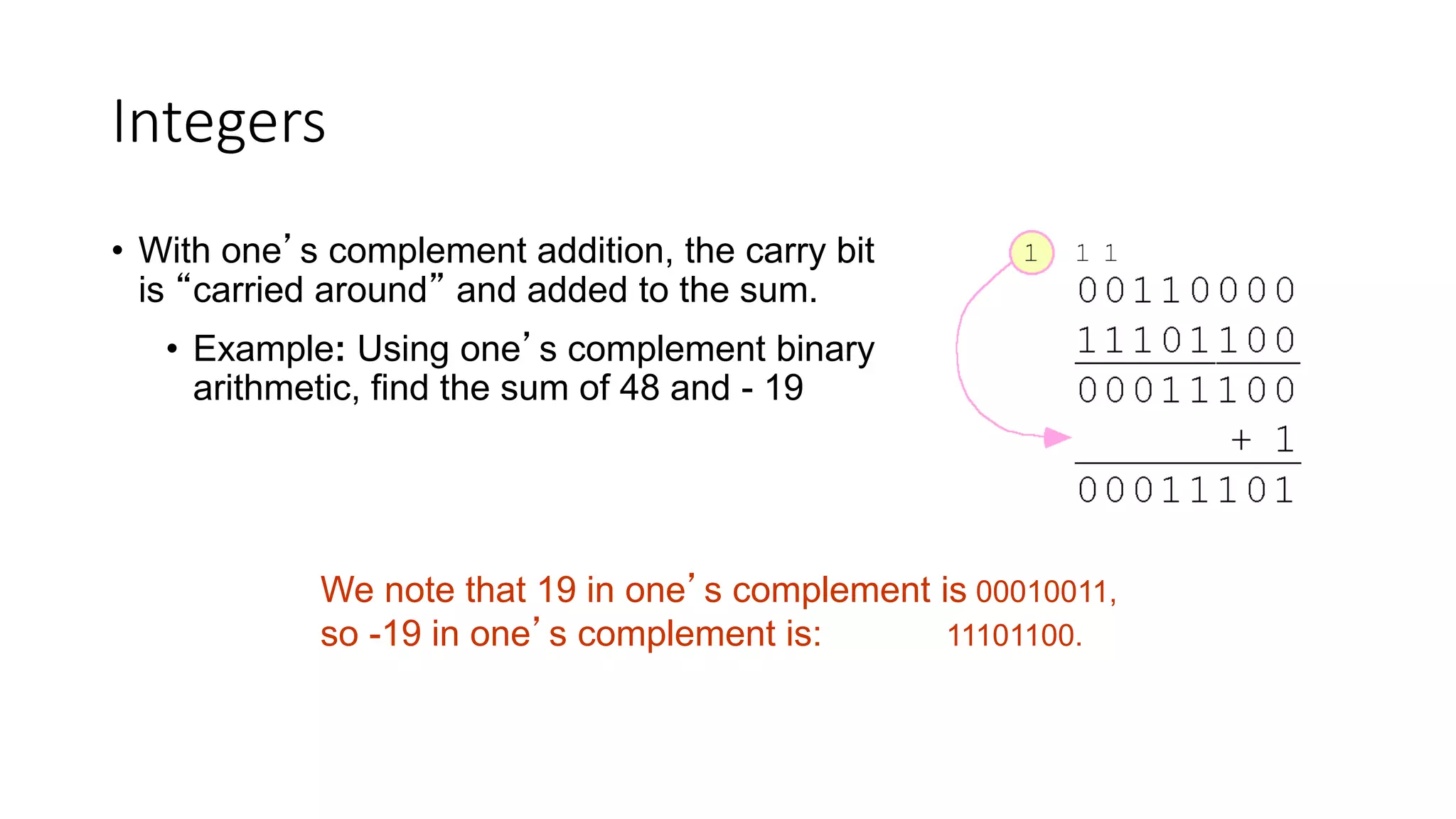 Integers
• With one’s complement addition, the carry bit
is “carried around” and added to the sum.
• Example: Using one’s complement binary
arithmetic, find the sum of 48 and - 19
We note that 19 in one’s complement is 00010011,
so -19 in one’s complement is: 11101100.
 