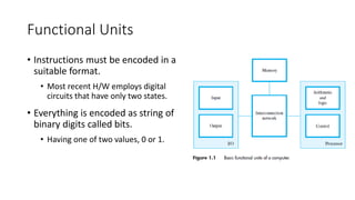 Functional Units
• Instructions must be encoded in a
suitable format.
• Most recent H/W employs digital
circuits that have only two states.
• Everything is encoded as string of
binary digits called bits.
• Having one of two values, 0 or 1.
 