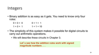 Integers
• Binary addition is as easy as it gets. You need to know only four
rules:
0 + 0 = 0 0 + 1 = 1
1 + 0 = 1 1 + 1 = 10
• The simplicity of this system makes it possible for digital circuits to
carry out arithmetic operations.
• We will describe these circuits in Chapter 3.
26
Let’s see how the addition rules work with signed
magnitude numbers . . .
 