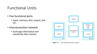 Functional Units
• Five functional parts
• Input, memory, ALU, output, and
CU.
• Interconnection network
• Exchange information and
coordinate their actions.
 
