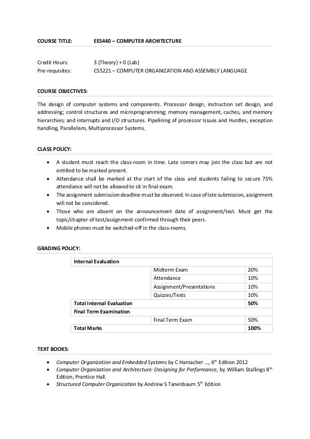 EE5440 – Computer Architecture Course Outline