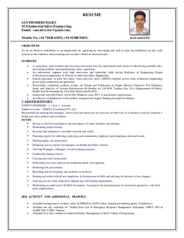 resume health and safety