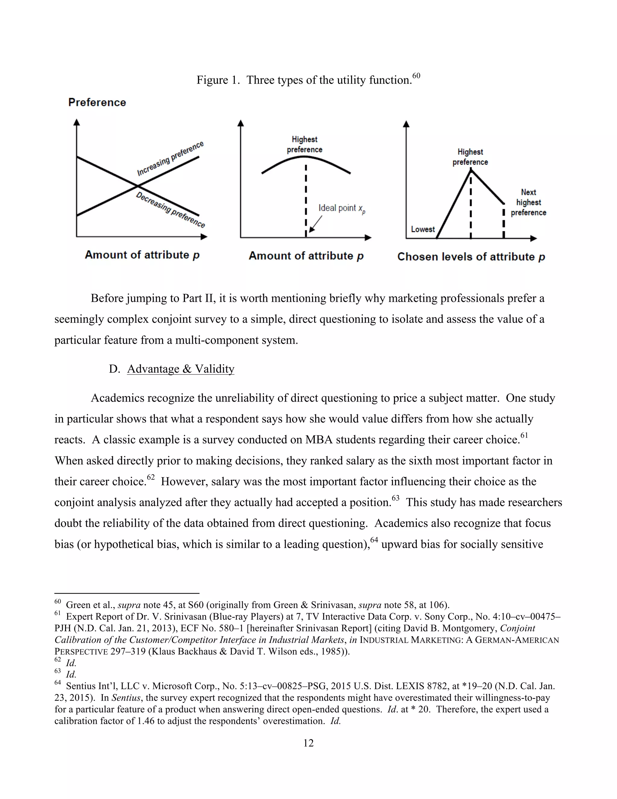 12
	
Figure 1. Three types of the utility function.60
Before jumping to Part II, it is worth mentioning briefly why marketing professionals prefer a
seemingly complex conjoint survey to a simple, direct questioning to isolate and assess the value of a
particular feature from a multi-component system.
D. Advantage & Validity
Academics recognize the unreliability of direct questioning to price a subject matter. One study
in particular shows that what a respondent says how she would value differs from how she actually
reacts. A classic example is a survey conducted on MBA students regarding their career choice.61
When asked directly prior to making decisions, they ranked salary as the sixth most important factor in
their career choice.62
However, salary was the most important factor influencing their choice as the
conjoint analysis analyzed after they actually had accepted a position.63
This study has made researchers
doubt the reliability of the data obtained from direct questioning. Academics also recognize that focus
bias (or hypothetical bias, which is similar to a leading question),64
upward bias for socially sensitive
																																																													
60
Green et al., supra note 45, at S60 (originally from Green & Srinivasan, supra note 58, at 106).
61
Expert Report of Dr. V. Srinivasan (Blue-ray Players) at 7, TV Interactive Data Corp. v. Sony Corp., No. 4:10–cv–00475–
PJH (N.D. Cal. Jan. 21, 2013), ECF No. 580–1 [hereinafter Srinivasan Report] (citing David B. Montgomery, Conjoint
Calibration of the Customer/Competitor Interface in Industrial Markets, in INDUSTRIAL MARKETING: A GERMAN-AMERICAN
PERSPECTIVE 297–319 (Klaus Backhaus & David T. Wilson eds., 1985)).
62
Id.
63
Id.
64
Sentius Int’l, LLC v. Microsoft Corp., No. 5:13–cv–00825–PSG, 2015 U.S. Dist. LEXIS 8782, at *19–20 (N.D. Cal. Jan.
23, 2015). In Sentius, the survey expert recognized that the respondents might have overestimated their willingness-to-pay
for a particular feature of a product when answering direct open-ended questions. Id. at * 20. Therefore, the expert used a
calibration factor of 1.46 to adjust the respondents’ overestimation. Id.
 