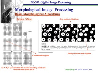 EE-583: Digital Image Processing

                Morphological Image Processing
                Basic Morphological Algorithms
                • Region Filling:                           This region is filled first.




                                                                       Filling of all the other regions
                                     A non-boundary pixel




Ex 1: X0=1 (Assume that the shaded boundary points are
              1 and the inner pixels are 0)                         Prepared By: Dr. Hasan Demirel, PhD
 