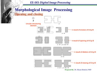EE-583: Digital Image Processing
Prepared By: Dr. Hasan Demirel, PhD
Morphological Image Processing
Opening and closing
result of erosion of A by B
result of opening of A by B
result of dilation of A by B
result of closing of A by B
B
circular structuring
element
 