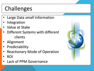 • Large Data small Information
• Integration
• Value at Stake
• Different Systems with different
clients
• Alignment
• Predictability
• Reactionary Mode of Operation
• ROI
• Lack of PPM Governance
Challenges
 