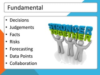 Fundamental
• Decisions
• Judgements
• Facts
• Risks
• Forecasting
• Data Points
• Collaboration
 