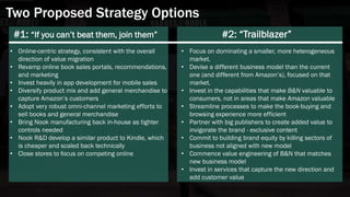 #1: “If you can’t beat them, join them” #2: “Trailblazer”
• Online-centric strategy, consistent with the overall
direction of value migration
• Revamp online book sales portals, recommendations,
and marketing
• Invest heavily in app development for mobile sales
• Diversify product mix and add general merchandise to
capture Amazon’s customers
• Adopt very robust omni-channel marketing efforts to
sell books and general merchandise
• Bring Nook manufacturing back in-house as tighter
controls needed
• Nook R&D develop a similar product to Kindle, which
is cheaper and scaled back technically
• Close stores to focus on competing online
• Focus on dominating a smaller, more heterogeneous
market.
• Devise a different business model than the current
one (and different from Amazon’s), focused on that
market.
• Invest in the capabilities that make B&N valuable to
consumers, not in areas that make Amazon valuable
• Streamline processes to make the book-buying and
browsing experience more efficient
• Partner with big publishers to create added value to
invigorate the brand - exclusive content
• Commit to building brand equity by killing sectors of
business not aligned with new model
• Commence value engineering of B&N that matches
new business model
• Invest in services that capture the new direction and
add customer value
Two Proposed Strategy Options
 