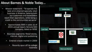 About Barnes & Noble Today…
• Mission statement: “To operate the
best omni-channel specialty retail
business in America, helping both
our customers and booksellers
reach their aspirations, while being a
credit to the communities we serve”
• Approximately $6B in sales as of
2015 annual report, fortune 500
company, listed on NYSE
• Business segments: Retail stores,
internet, digital and publishing
• Entered e-book market in 2009
• Recently spun off its college
business
Online Only
Credit: Association of American Publishers
High Cost
Brick and Mortar
Low Cost
Independent
Retailers
 