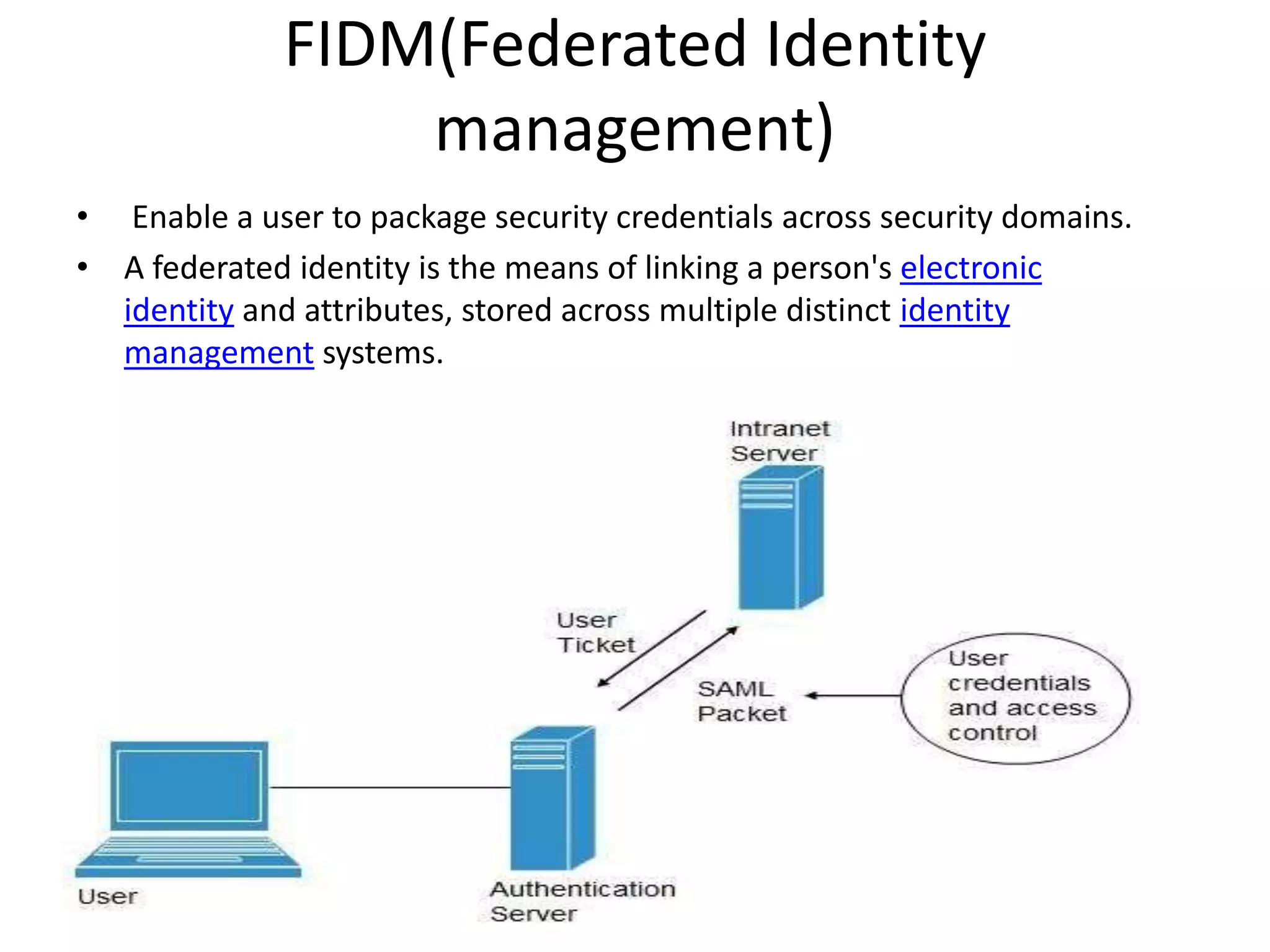 FIDM(Federated Identity
management)
• Enable a user to package security credentials across security domains.
• A federated identity is the means of linking a person's electronic
identity and attributes, stored across multiple distinct identity
management systems.
 
