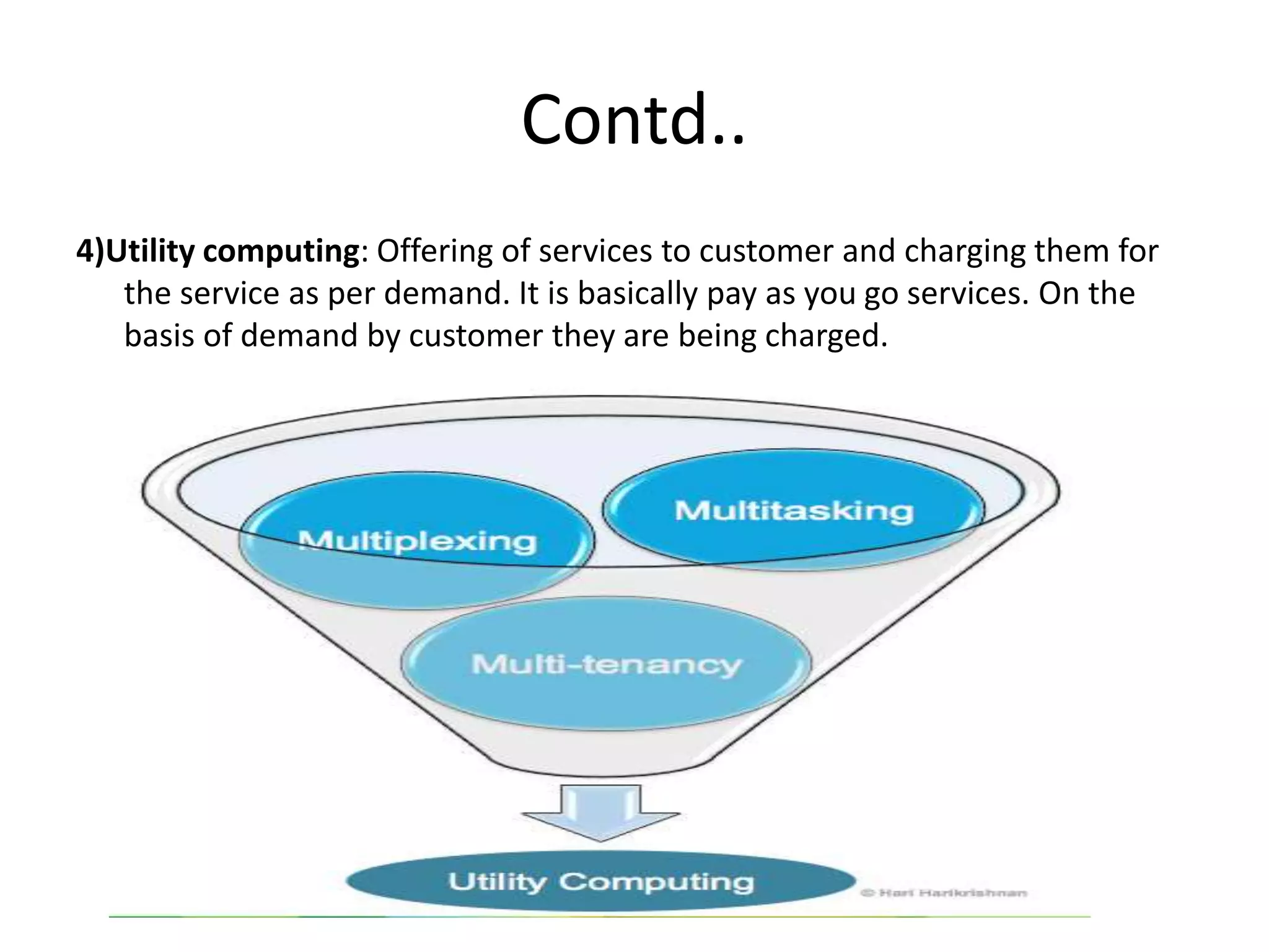Contd..
4)Utility computing: Offering of services to customer and charging them for
the service as per demand. It is basically pay as you go services. On the
basis of demand by customer they are being charged.
 