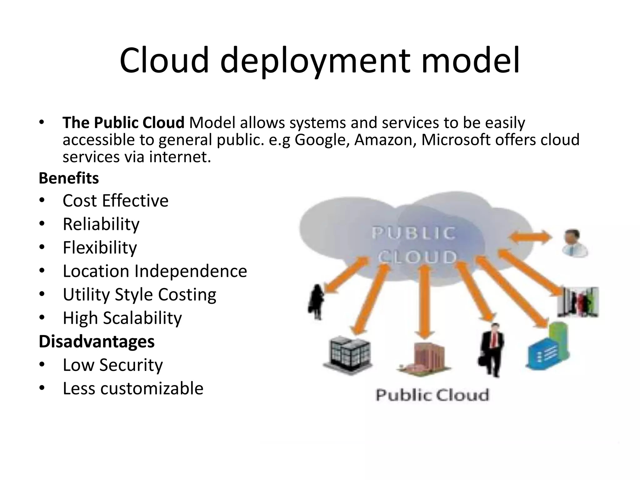 Cloud deployment model
• The Public Cloud Model allows systems and services to be easily
accessible to general public. e.g Google, Amazon, Microsoft offers cloud
services via internet.
Benefits
• Cost Effective
• Reliability
• Flexibility
• Location Independence
• Utility Style Costing
• High Scalability
Disadvantages
• Low Security
• Less customizable
 