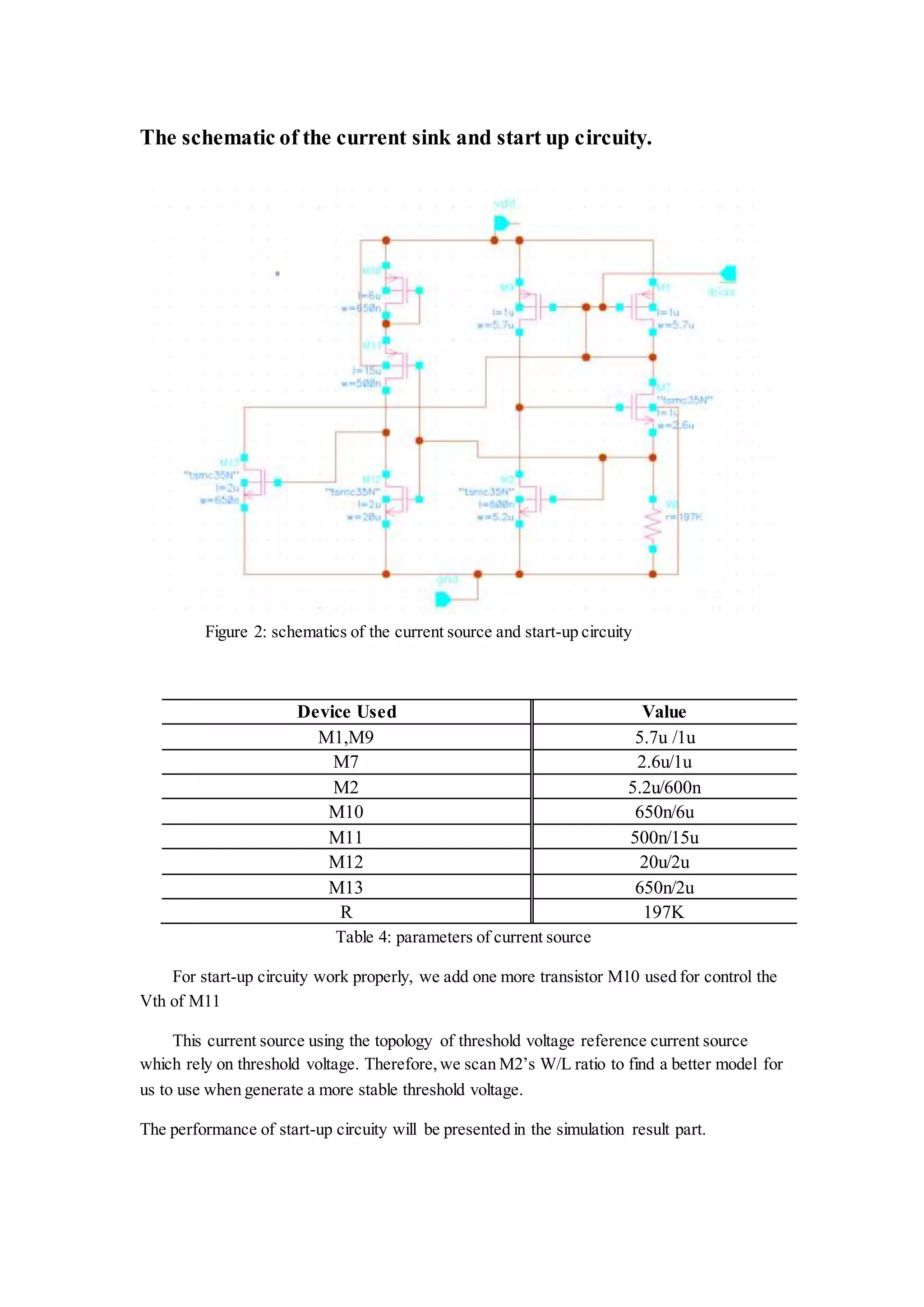 The schematic of the current sink and start up circuity.
Figure 2: schematics of the current source and start-up circuity
Device Used Value
M1,M9 5.7u /1u
M7 2.6u/1u
M2 5.2u/600n
M10 650n/6u
M11 500n/15u
M12 20u/2u
M13 650n/2u
R 197K
Table 4: parameters of current source
For start-up circuity work properly, we add one more transistor M10 used for control the
Vth of M11
This current source using the topology of threshold voltage reference current source
which rely on threshold voltage. Therefore,we scan M2’s W/L ratio to find a better model for
us to use when generate a more stable threshold voltage.
The performance of start-up circuity will be presented in the simulation result part.
 