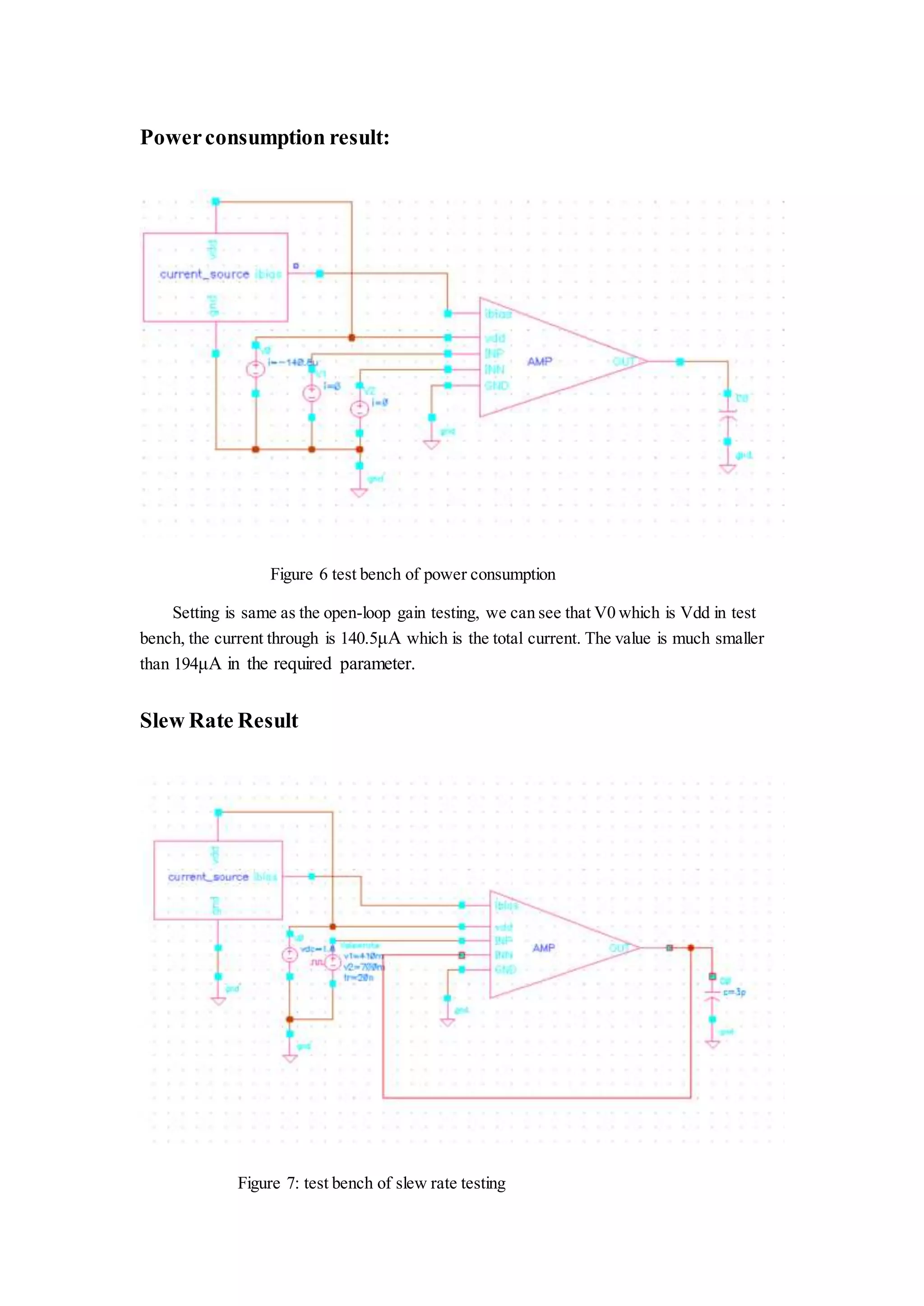 Powerconsumption result:
Figure 6 test bench of power consumption
Setting is same as the open-loop gain testing, we can see that V0 which is Vdd in test
bench, the current through is 140.5μA which is the total current. The value is much smaller
than 194μA in the required parameter.
Slew Rate Result
Figure 7: test bench of slew rate testing
 