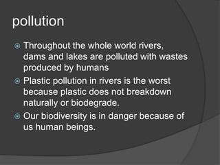 pollution
 Throughout the whole world rivers,
dams and lakes are polluted with wastes
produced by humans
 Plastic pollution in rivers is the worst
because plastic does not breakdown
naturally or biodegrade.
 Our biodiversity is in danger because of
us human beings.
 