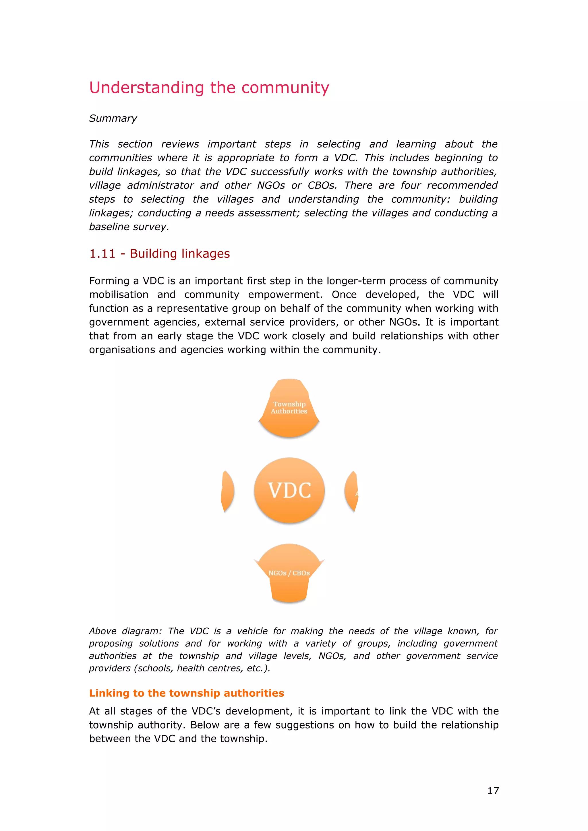Understanding the community
Summary
This section reviews important steps in selecting and learning about the
communities where it is appropriate to form a VDC. This includes beginning to
build linkages, so that the VDC successfully works with the township authorities,
village administrator and other NGOs or CBOs. There are four recommended
steps to selecting the villages and understanding the community: building
linkages; conducting a needs assessment; selecting the villages and conducting a
baseline survey.
1.11 - Building linkages
Forming a VDC is an important first step in the longer-term process of community
mobilisation and community empowerment. Once developed, the VDC will
function as a representative group on behalf of the community when working with
government agencies, external service providers, or other NGOs. It is important
that from an early stage the VDC work closely and build relationships with other
organisations and agencies working within the community.
Above diagram: The VDC is a vehicle for making the needs of the village known, for
proposing solutions and for working with a variety of groups, including government
authorities at the township and village levels, NGOs, and other government service
providers (schools, health centres, etc.).
Linking to the township authorities
At all stages of the VDC’s development, it is important to link the VDC with the
township authority. Below are a few suggestions on how to build the relationship
between the VDC and the township.
17
 